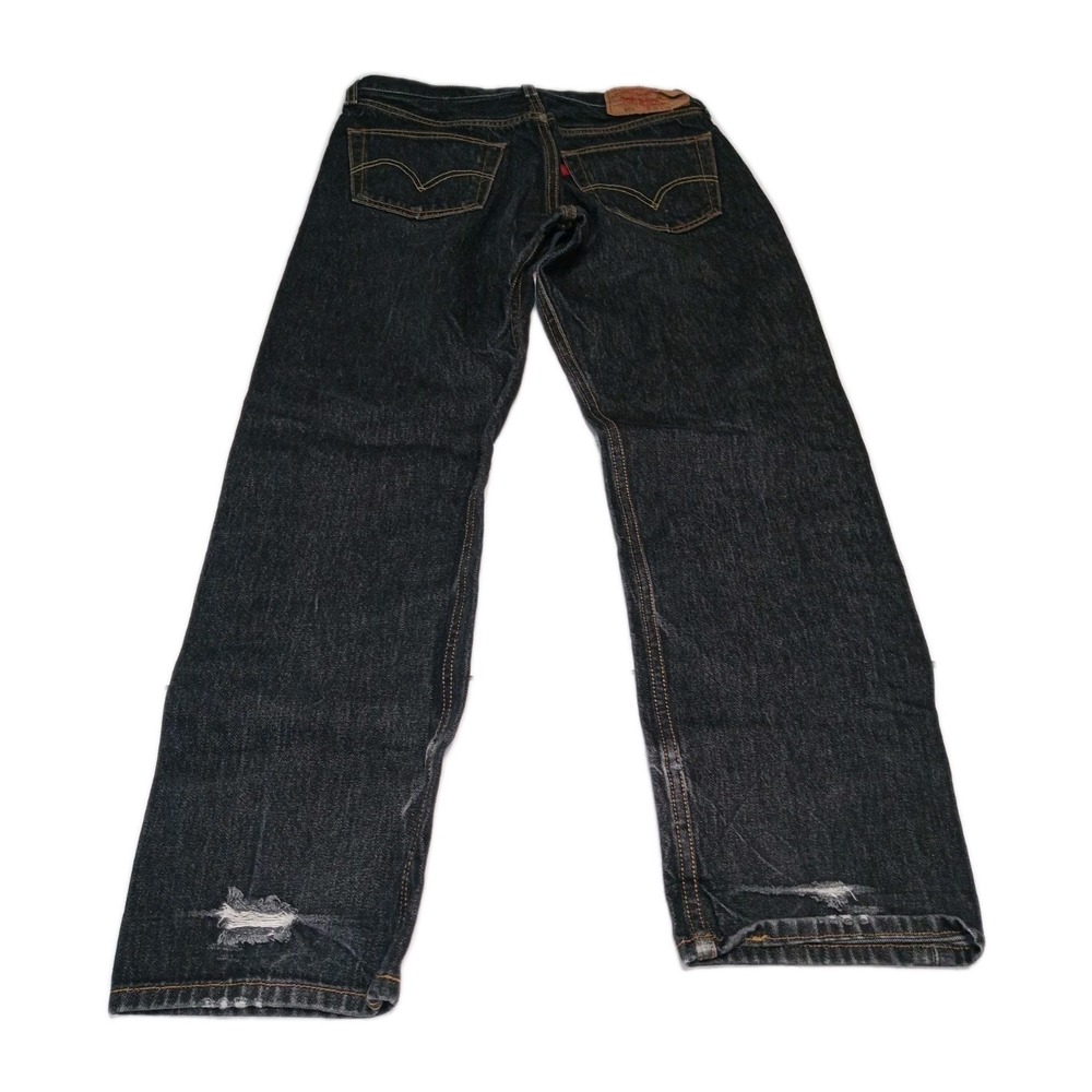 Levi'sโ 501 Jeans Mens 34x32 Black Button Fly Straight Distressed Denim - Picture 3 of 14